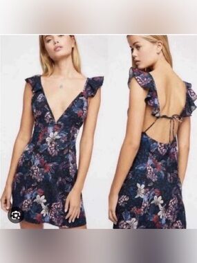 Free People Navy Floral V-Neck Ruffle Mini Dress